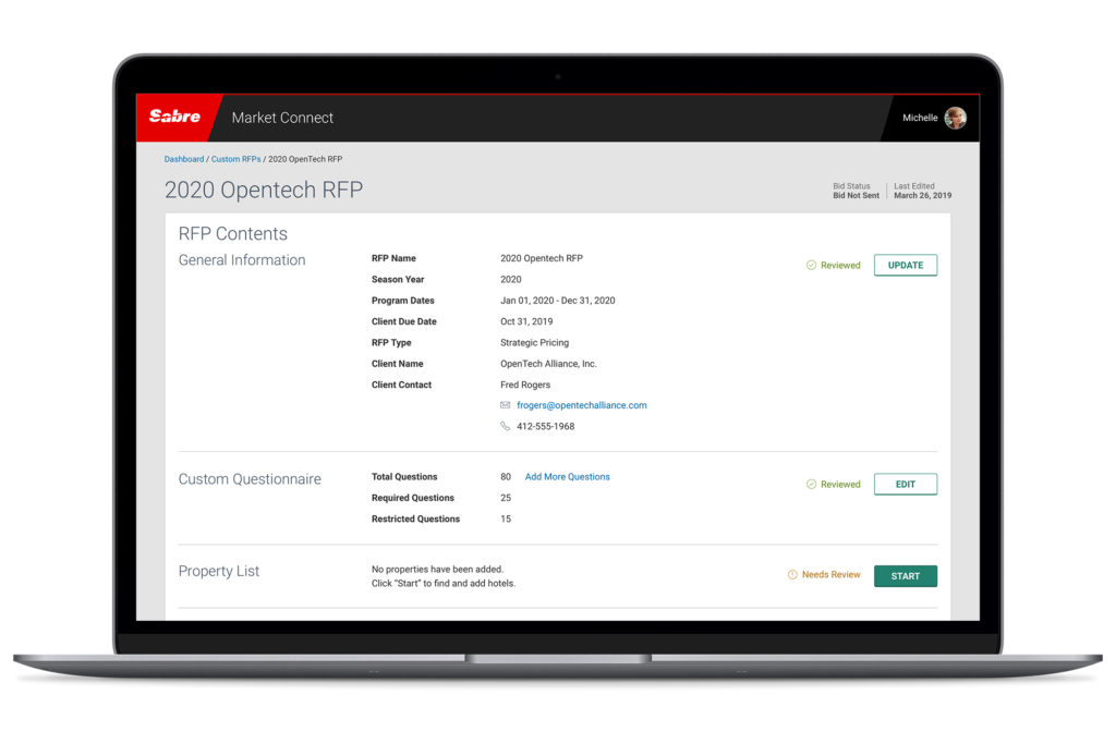 The hub and spoke model allows hoteliers to see which areas have been addressed and what still needs attention in order to complete their RFP.